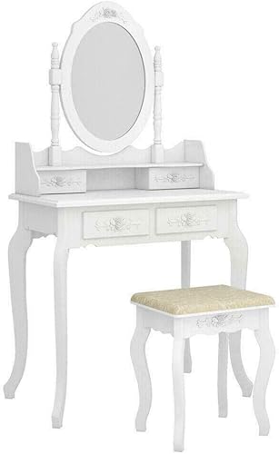 Miniatura 4 de Juego de tocador blanco para maquillaje y joyería con taburete, 4 cajones, espejo y escritorio de madera de Apontus