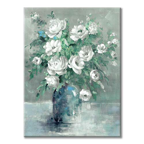 Utop-Art Floral Canvas Wall Art Painting: White Rose Flower With Green Leaves Hand-Painted Texture Picture Artwork For Bathroom (18'' X 24'' X 1 Panel) #TOP25