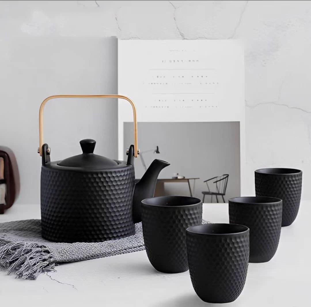 Service à Thé Japonais en Céramique Noire | Set de thé chinois en porcelaine vintage, set de théière avec 1 théière 900ml, 4 Tasses, 1 infuseur, pour amateurs de thé