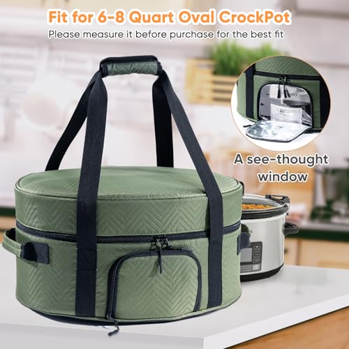 Image of Insulated Slow Cooker Carrying Bag for 6-8 Quart CrockPot and Hamilton Beach Slow Cooker with See-thought Window, Portable Carrier Case with Adjustable Band and Accessory Pocket