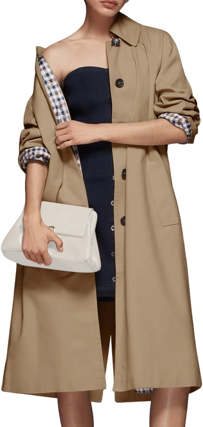 Aisongyuan Womens Long Trench Coat Single Breasted Lapel Plaid Lined Oversized Windproof Fashion Autumn Winter Outerwear