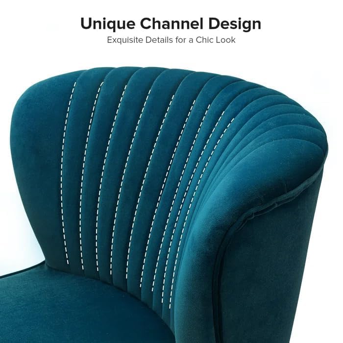 Image of Modern Upholstered Accent Velvet Chair Single Seater Channel Tufted Wing Back Chair with Golden Matel Legs for Living Room, Bedroom, Dining Room, Teal