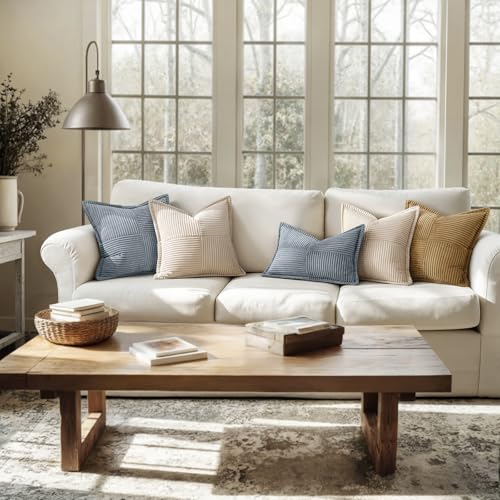 Image of MIULEE Decorative Throw Pillow Covers for Couch Bed Livingroom 20x20 Inch Set of 2 Dustyblue Boho Accent Throw Pllows Broadside Striped Patchwork Soft Corduroy Pillowcases