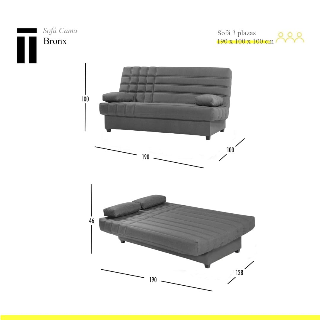 SHIITO | Modelo Bronx - Sofá Cama con Almacenaje con Apertura Clic-Clac | 100x193x100 cm | 2 Cojines Incluidos | Color Gris Oscuro | Resistente y Confortable