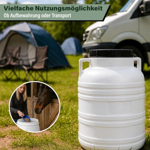FIXKRAFT Weithalsfass Lebensmittelecht 30L Futtertonne Hund Gärbehälter Futter Tonne mit Deckel Maischefass Schraubdeckel 30 Liter Camping Kanister Gärfass (Weiß)