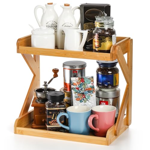 AVLA 2-Tier Coffee Station Organizer, Bamboo Kitchen Counter Shelf, Countertop Spice Condiment Rack Syrup Storage Holder, Tea Station Stand for Coffee Bar Accessories, Office, Home, Desktop