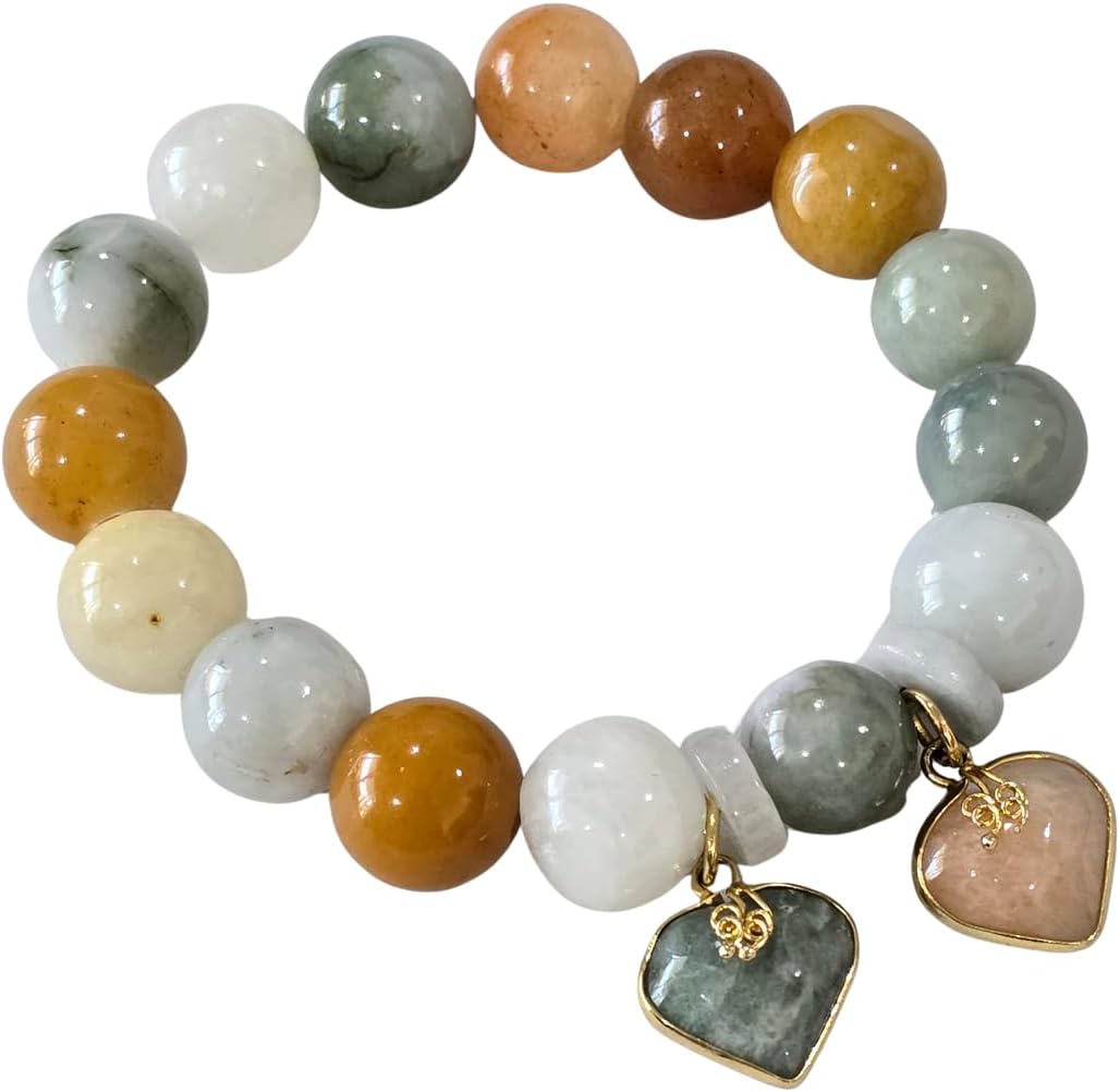 Multicolor Natural Jade Beaded Stretch Bracelet with Dual Heart Pendants, Feng Shui Love Luck Harmony Jewelry, Gift Set with Luxury Red Box
