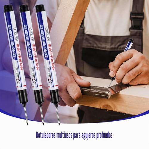 Miniatura 3 de Bewudy 6 Rotuladores De Agujeros Profundos De 20 Mm, Punta Extralarga, De Plástico, Para Madera, Plástico, Pared, Metal, Cartón, Obras Negro