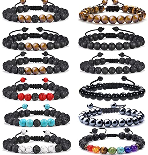 SAMOCO 12 Pcs Adjustable Lava Rock Stone Essential Oil Diffuser Bracelet Braided Elastic Rope Stone Yoga Beads Bracelets for Men Women