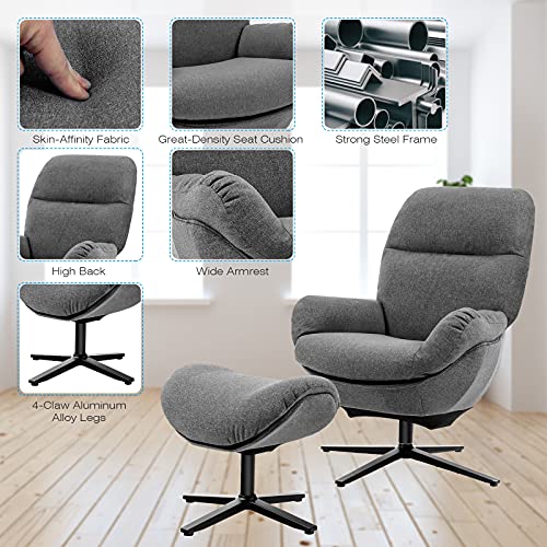 Giantex Swivel Lounge Chair W/Ottoman, Upholstered 360 Accent Lazy Armchair W/Rocking Footstool, Aluminum Alloy Base, Comfy Fabric Leisure Sofa Club Chair, Support To 330Lbs, Grey #TOP1