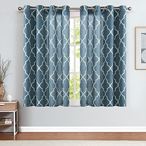 Jinchan Curtains Blue Linen Living Room Drapes Light Filtering Moroccan Tile Print Window Treatment For Bedroom Curtain Flax Textured Geometry Lattice Grommet Dining Room 63 Inch Length 2 Panels #TOP1