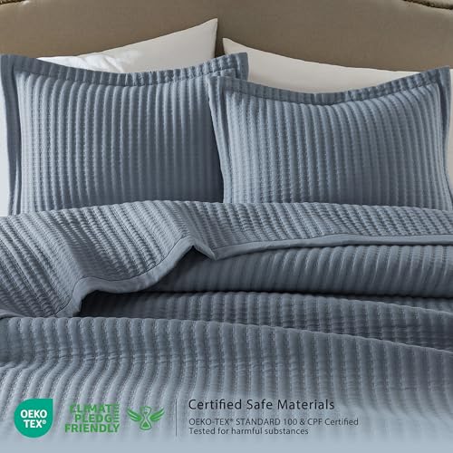 WDCOZY Dusty Blue Queen Size Quilt Set, Striped Pick Stitch Bedspread by WDCOZY - Used condition - Image 4
