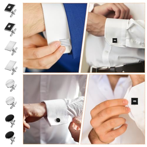 8 Pcs Men's Classic Cufflinks Cuff Links for Men Silver Black Striped Disc Square Rectangle Cuff Links Shirt Suit Men’s Jewelry or Accessories for Wedding Groom Business Elegant Gift4