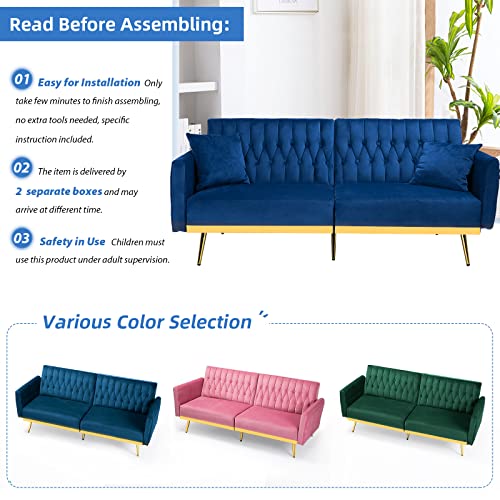 Acmease 70” Velvet Futon Sofa Bed W/Adjustable Armrests And Backrest, Convertible Futon Couch W/2 Pillows, Modern Sleeper Bed For Living Room, Bedroom, Blue #TOP5