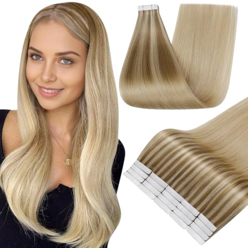 Image of Full Shine Tape Ins Human Hair Extensions, Golden Blonde Ombre 14 Inch | 50g 20PCS, Invisible Tape in Hair Extensions, Remy Seamless Finish Soft Blend Lightweight Party Styling Natural Volume