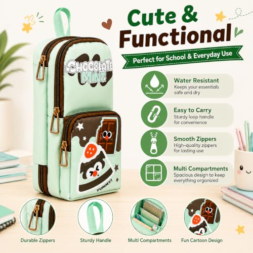 Image of Alokik 3 Compartment Pencil Pouch for Kids, Cute Cartoon School Pencil Case with Multiple Zipper Compartments, Stationery Organizer Bag for Boys & Girls, Portable Pen & Pencil Storage(Chocolate Mint)