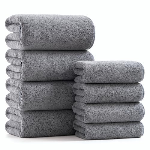 sakano Microfiber Bath Towel Set Ultra Soft Absorbent Speedy Drying Fade Resistant, 4 Bath Towels and 4 Hand Towels, Perfect for Family Bathroom, Gym, and Spa Use - Dark Grey