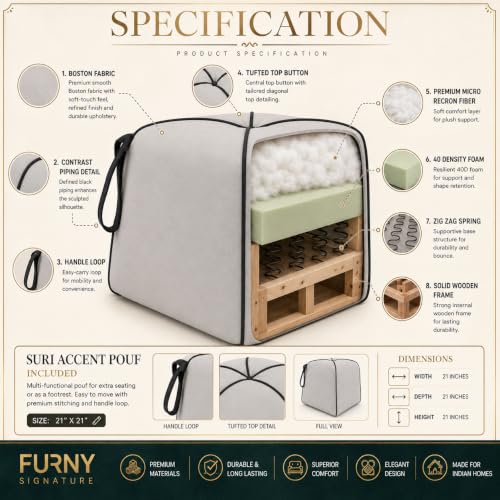 Image of FURNY Signature Regalia Suri Accent Pouf | Boston Fabric | 40D High-Density Foam | (Light Grey) | Footrest, Vanity Ottoman & Accent Seat for Home, Office & Hotel
