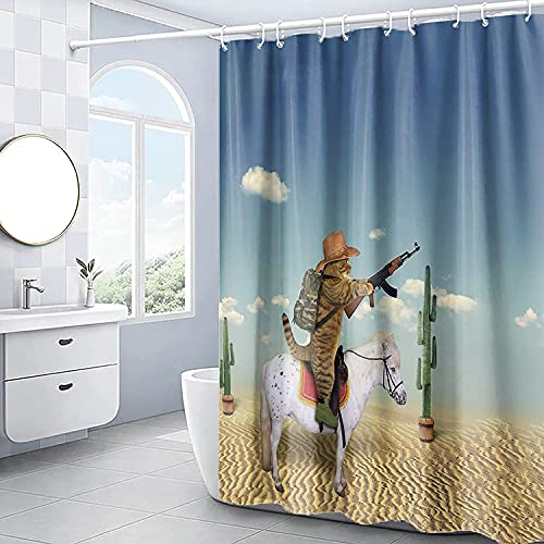Domoku Cat Shower Curtain Cute Funny Cowboy Cat Riding Horse In The Desert Bathroom Shower Curtains Polyester Fabric Waterproof With 12Hooks 72 * 72Inch/180Cm*180Cm #TOP1