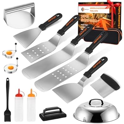 15Pcs Griddle Accessories Kits for Blackstone and Camp Chef, Flat Top Grill Accessories Sets, Professional Grill BBQ Spatula with Enlarged Spatulas, Basting Cover and Burger Press, for Outdoor