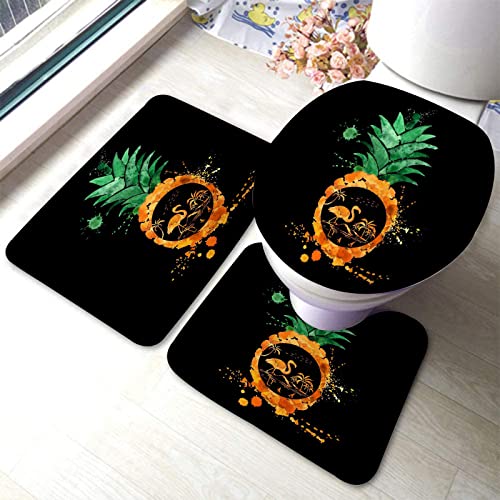 Badezimmerteppich-Set, 3-teilig, Kiefern- und Sommerflamingos und Ozean-Strandleben, waschbare Badeteppiche, rutschfest, mit Rückenpolster, Konturteppich und Toilettendeckelbezug