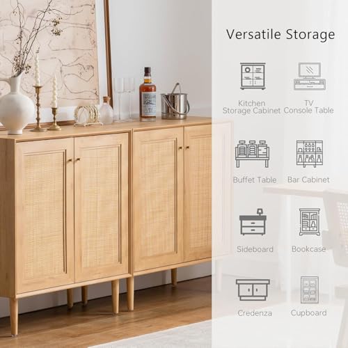 خزانة جانبية بنمط ريفي مع ابواب من الراتان، خزانة بوفيه بوهو لغرفة الطعام، تخزين المطبخ مع ارفف قابلة للتعديل، خزانة قائمة بذاتها للمدخل وغرفة المعيشة (بلوط طبيعي)