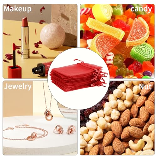 Image of BOEIAC Organza Bags: 50 Mini Mesh Candy Bags - Small Size (4 x 6 inch) for Wedding, Party, Valentine's Day Favor - Burgundy