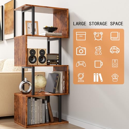 Image of Furologee 5 Tier Bookshelf, S Shaped Geometric Bookcase, Narrow Freestanding Display Shelves, Modern Wood Decorative Storage Rack for Bedroom, Living Room, Home Office, Rustic Brown
