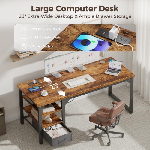 Image of Mericonia 54 inch Computer Desk with Drawer, 1.2 inch Thick Reversible Office Desk | Modern Writing Table with Power Outlets & Storage Shelves, Heavy Duty Industrial Executive Desk for Home Bedroom Study Work