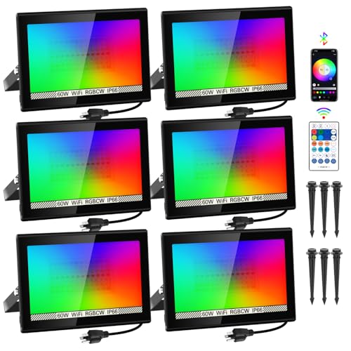 Image of T-SUN LED Flood Lights Outdoor 60W, 600W Equivalent 6000LM Color Changing Landscape Light with APP Control, Waterproof Floodlights with 2700K & 16 Million Colors, Timing, Music Sync, US Plug(6 Pack)