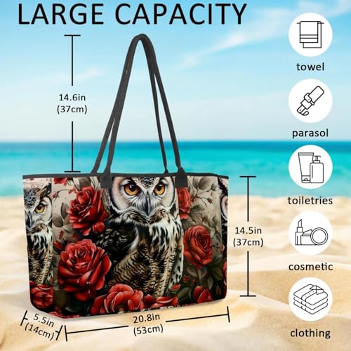 Large Beach Bag for Women, Vintage Owl Rose Flowers Clock Travel Tote with Pockets Waterproof Shoulder Handbag4