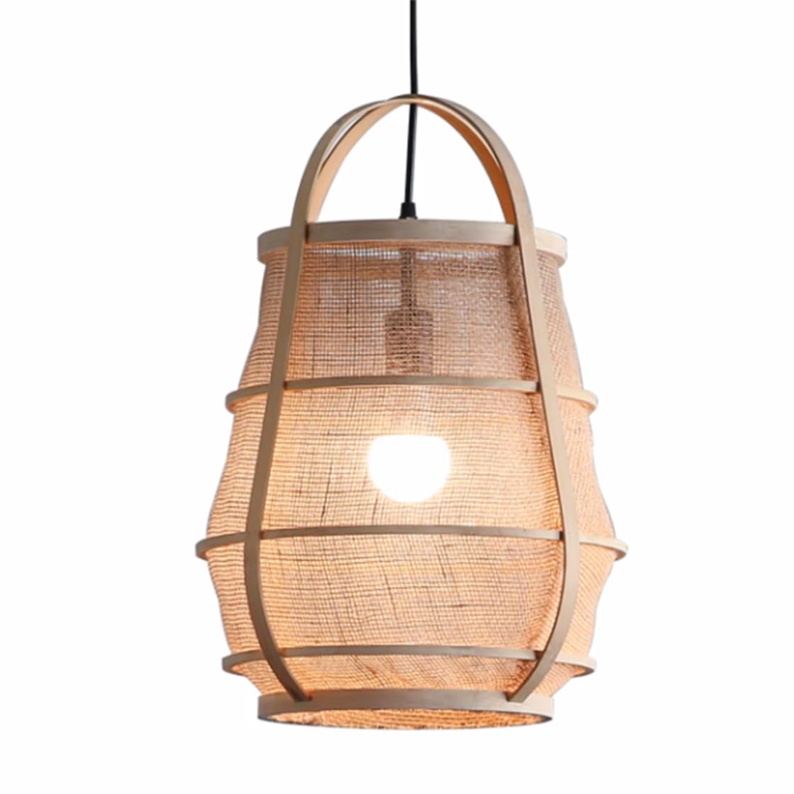 CSSYKV Restaurant Bamboo Cage Pendant Light, Beige Linen Lantern E26/E27 Bulb Wabi Sabi Japanese Style Wicker Pendant Lights for Dining Room Decor Hollow Design for Bedroom Kitchen Living Room