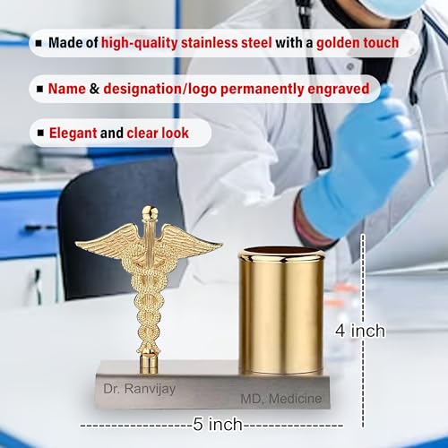 Image of SAVRI Personalized Doctor's Combo - Name Engraved Doctor Symbol Pen & Name /Designation Pen Stand - Customized Gift for Doctors, Surgeons - Perfect for Doctor's Day, Convocation & Premium New year Gift