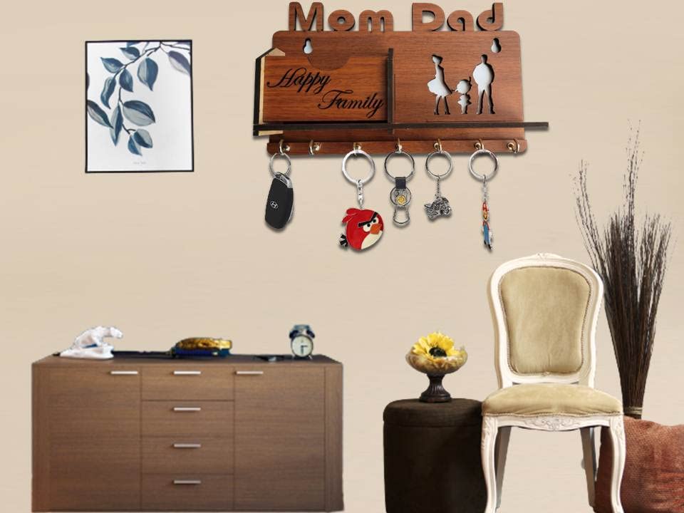 Image of Mom Dad Keys Holder Happy Family Key Organizer Designer Wooden Key Holder Wooden Keychain Holder for Home, Living Room, Office Wall Decor Great Gift Item Mobile and Pen Holder