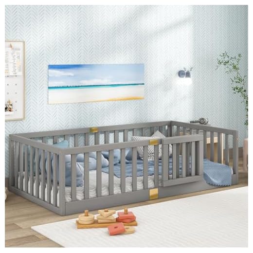 Tatub Montessori Twin Floor Bed with Safety Guardrails, Door Installs Left or Right - Grey Wood Frame