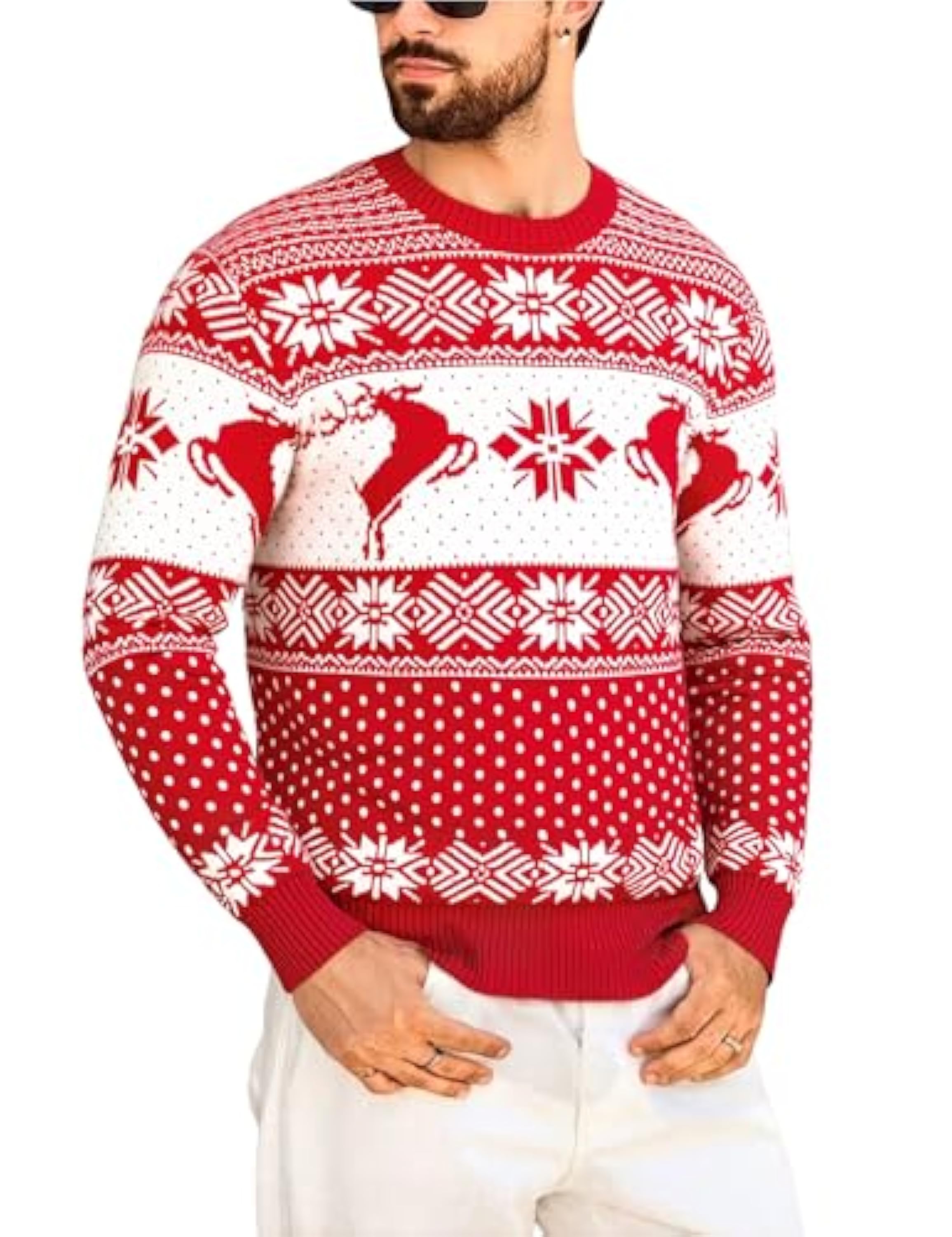 Marvmys Jerseys Navideños Hombre Invierno Suéter Divertido Copo Nieve Elk Cuello Redondo Pullover Navidad Rojo L