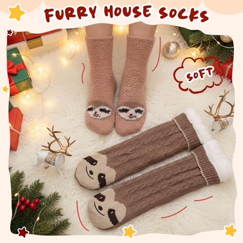 Image of Liitrsh 2 Pairs Fuzzy Slipper Socks with Grippers Animal Sock Sherpa Lining Warm Plush Animal Lover Gift for Valentine's Day