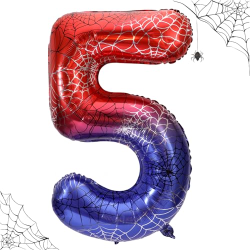 40in Giant Spider Web Number Birthday Balloon, Large Spider Theme Number Balloons Red and Blue Hero Party Decorations for Boys Girls Kids Birthday Anniversary Halloween Party Supplies (5)