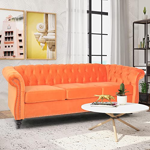 PHOYAL Large Sofa, Velvet Sofa Three-seat Sofa Classic Tufted Chesterfield Settee Sofas Modern 3 Seater Couch Furniture Tufted Back for Living Room (Orange)