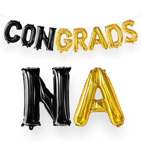 Image of Black and Gold Congrats Balloons - 16 Inch, Graduation Balloons | Congrats Grad Foil Balloons for Graduation Decorations 2026 | Black and Gold Graduation Decorations | Congrats Grad Banner - KatchOn