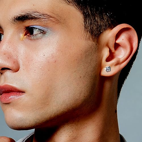 Image of SIVYAA Men's Single White /Black Square Solitaire Diamond Stud Earrings | Pure 925 Sterling Silver | Princess Cut Swiss Cubic Zirconia Ear Tops | Gift Item for Men and Boys | 6 Month Warranty