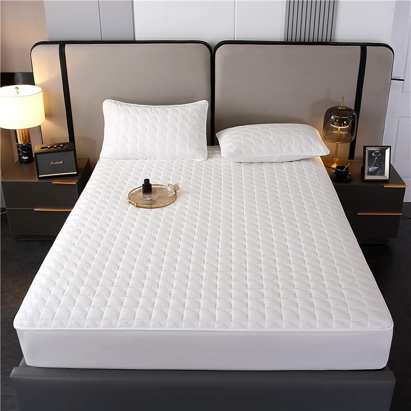 Waterproof Mattress Pad, Quilted Fitted Mattress Protector, Noiseless Hollow Cotton Mattress Cover, Fitted 11" Deep, Dust Proof (White,Queen 60"x80")