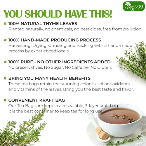 Image of TOG999, Premium 120 Thyme Leaf Tea Bags, 100% Natural & Pure. Loose Leaf Thyme Herbal Tea. No Sugar, No Caffeine, No Gluten, Vegan.