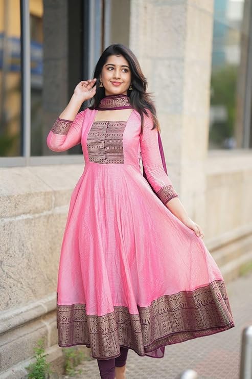 Image of Women's Vichitra Silk Anarkali Gown with Dupatta, Pink, Jacquard Zari Weaving, Designer Party Ethnic Wear