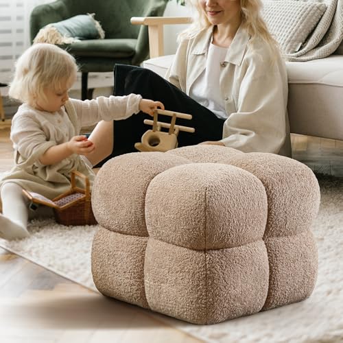 Image of Zesthouse Square Pouf Ottoman Footstool, Modern Backless Vanity Stool for Bedroom, Tan Fuzzy Foot Rest for Couch, Upholstered Tufted Footstool, Sherpa Fabric Ottoman Coffee Table for Living Room