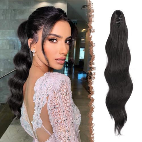 FESHFEN Ponytail Extensions 20 inch Long Wave Ponytail Claw Clip in Pony Tail Hair Extensions Wavy Ponytails with Claw Clip Synthetic Hairpieces for Women Girls Natural Black