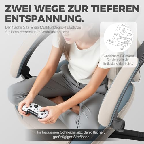 Sedia da gaming in tessuto, con cuscino a molle insacchettate, sistema massaggiante, poggiatesta e poggiapiedi, ergonomica (grigio) - Sedia gaming - Immagine 6