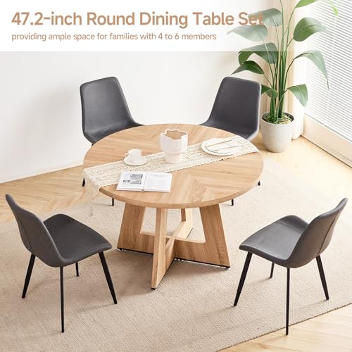 Image of 47 inch Round Dining Table Set for 4, Kitchen Table and Chairs | Wooden Cross Base, Synthetic Leather Chair, for Apartment