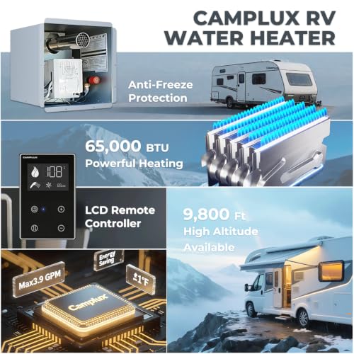 Image of CAMPLUX Classic 65,000 BTU RV Tankless Water Heater, 2.64 GPM On-Demand Hot Water, High Altitude & Freeze-Proof Design (CSA /NSF Certified) with Remote Control, Ideal for Family Use