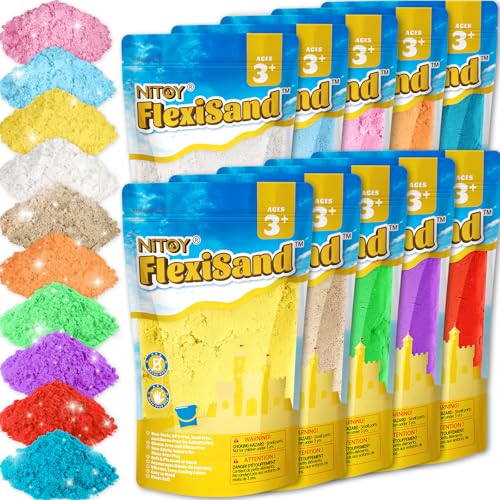 NiToy FlexiSand Value Pack 19lbs of 10 Colored Moldable Self-Sticking Sand, Never Dries Out-Fun for 3 Years and up Kids Bulk Refill for Sensory Sand Box Toys, Ideal for Shaping, Squeezing and Molding
